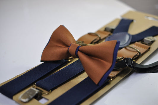 Navy blue and Tan Brown Bow tie Bowtie + Navy Blue Elastic Suspenders Braces Men / Youth/ Boys Kids / Baby Infant Toddler