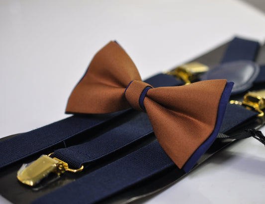 Navy blue and Tan Brown Bow tie Bowtie + Navy Blue Elastic Suspenders Braces Men / Youth/ Boys Kids / Baby Infant Toddler