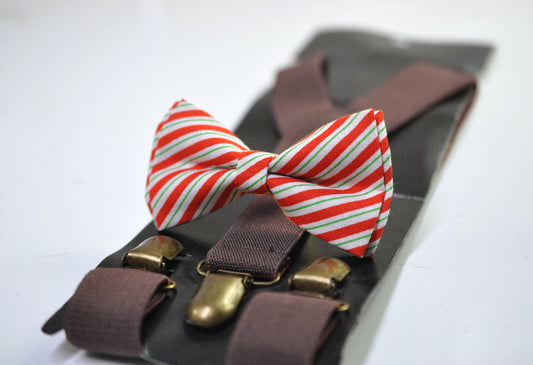 Red White Green Candy Stripes Christmas Xmas Bow tie Bowtie +Dark Coffee Brown Suspenders Braces Men /Youth/ Boys Kids / Baby Infant Toddler