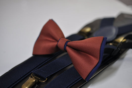 Navy blue and Cinnamon Terracotta Brown Bow tie Bowtie + Navy Blue Elastic Suspenders Braces Men / Youth/ Boys Kids / Baby Infant Toddler