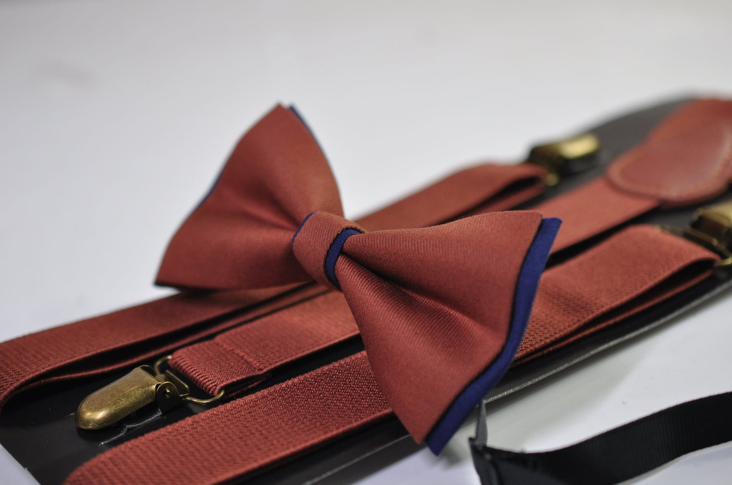 Navy blue and Cinnamon Terracotta Brown Bow tie Bowtie + RUST Elastic Suspenders Braces Men / Youth/ Boys Kids / Baby Infant Toddler