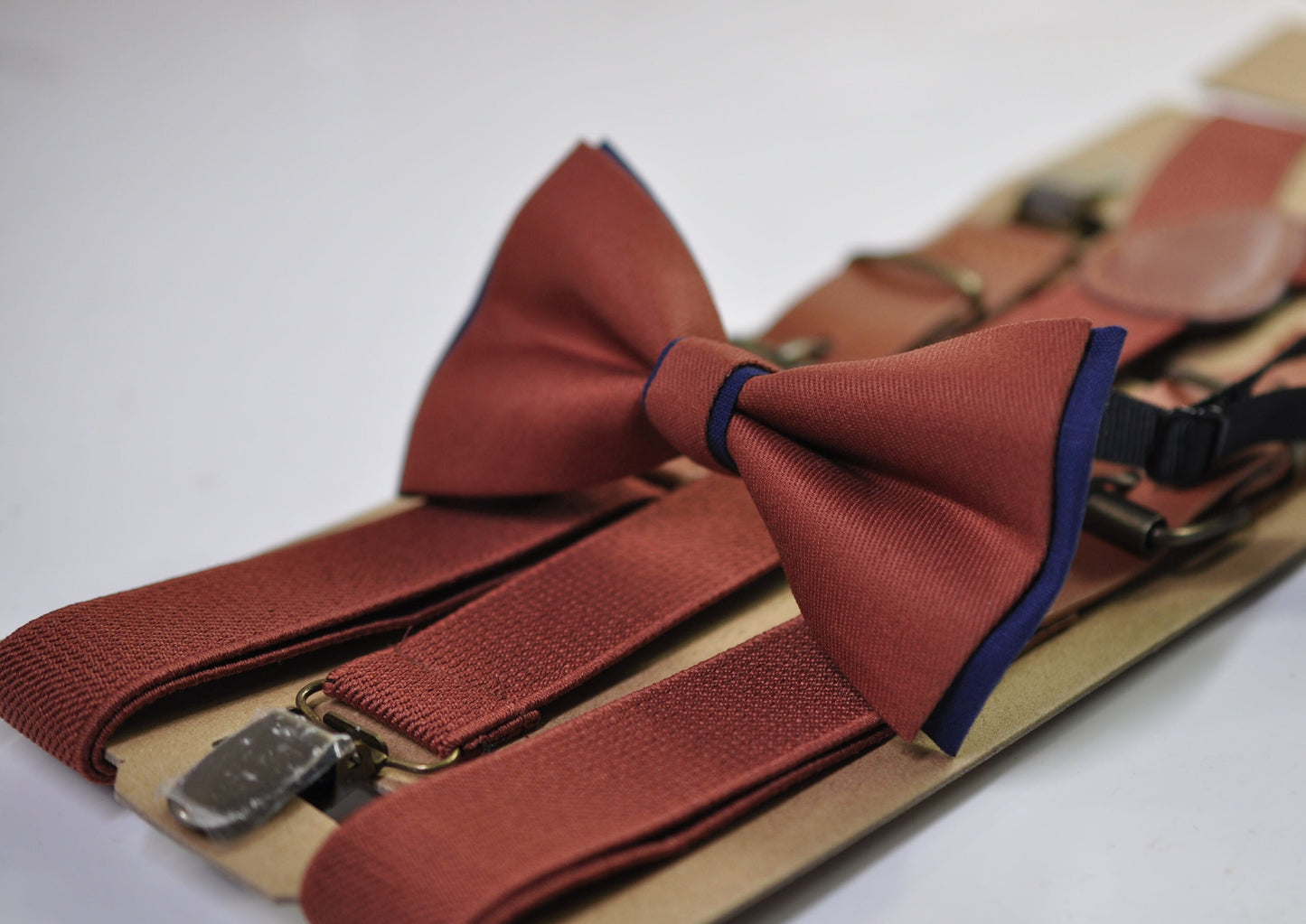 Navy blue and Cinnamon Terracotta Brown Bow tie Bowtie + RUST Elastic Suspenders Braces Men / Youth/ Boys Kids / Baby Infant Toddler