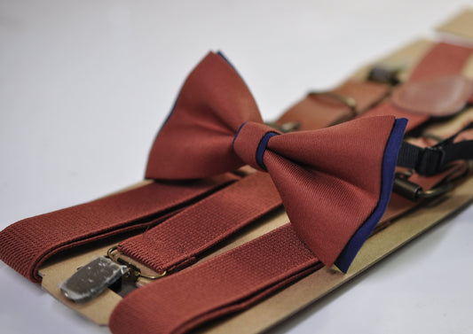 Navy blue and Cinnamon Terracotta Brown Bow tie Bowtie + RUST Elastic Suspenders Braces Men / Youth/ Boys Kids / Baby Infant Toddler