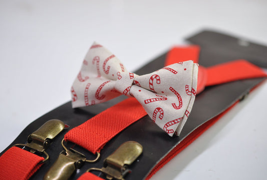 Candy Cane Canes Sticks Christmas Xmas Cotton Bow tie Bowtie + Red Elastic Suspenders Braces for Men /Youth/ Boys Kids / Baby Infant Toddler