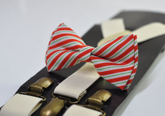 Red White Green Candy Stripes Christmas Xmas Bow tie Bowtie + Ivory Cream Suspenders Braces Men / Youth/ Boys Kids / Baby Infant Toddler