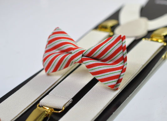 Red White Green Candy Stripes Christmas Xmas Bow tie Bowtie + Ivory Cream Suspenders Braces Men / Youth/ Boys Kids / Baby Infant Toddler