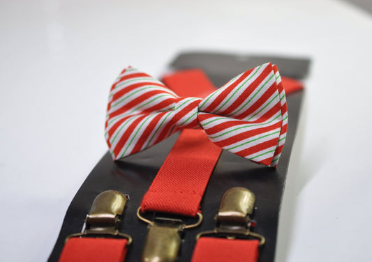 Red White Green Candy Stripes Christmas Xmas Bow tie Bowtie + Red Suspenders Braces Men / Youth/ Boys Kids / Baby Infant Toddler