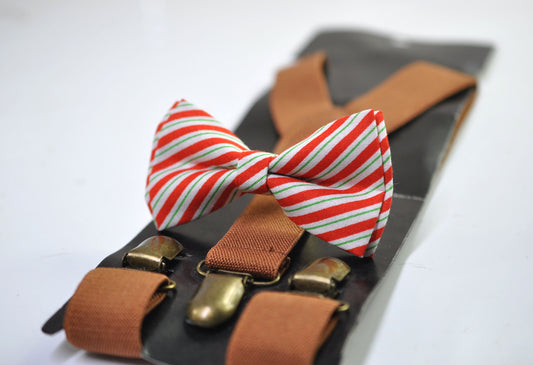 Red White Green Candy Stripes Christmas Xmas Bow tie Bowtie + Tan Brown Suspenders Braces Men / Youth/ Boys Kids / Baby Infant Toddler