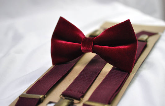 Burgundy Red Dark Red Velvet Bow tie + Wine Red Elastic Suspenders Braces for baby infant toddler / Boy Kids / Youth Teenage / Men Adult