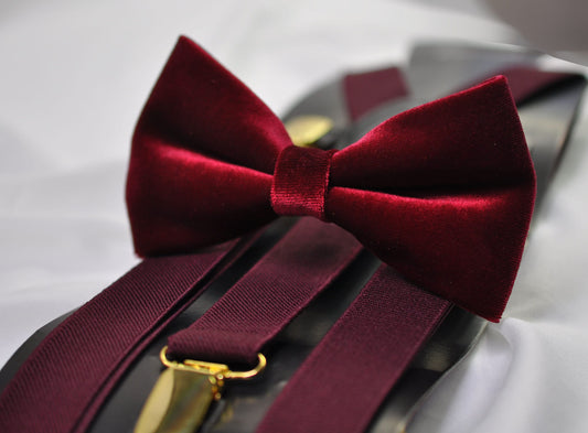 Burgundy Red Dark Red Velvet Bow tie + Wine Red Elastic Suspenders Braces for baby infant toddler / Boy Kids / Youth Teenage / Men Adult