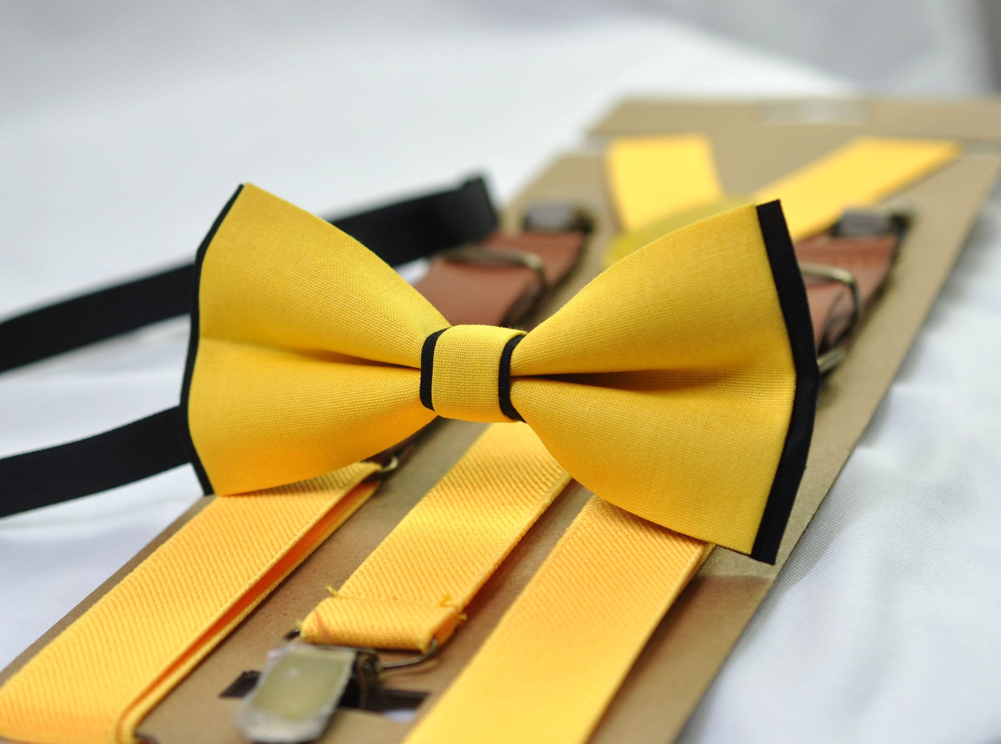 Black Yellow Cotton Pre tied Bow tie Bowtie + Yellow Elastic Suspenders Braces for Men / Youth / Boys Kids / Baby Infant Toddler