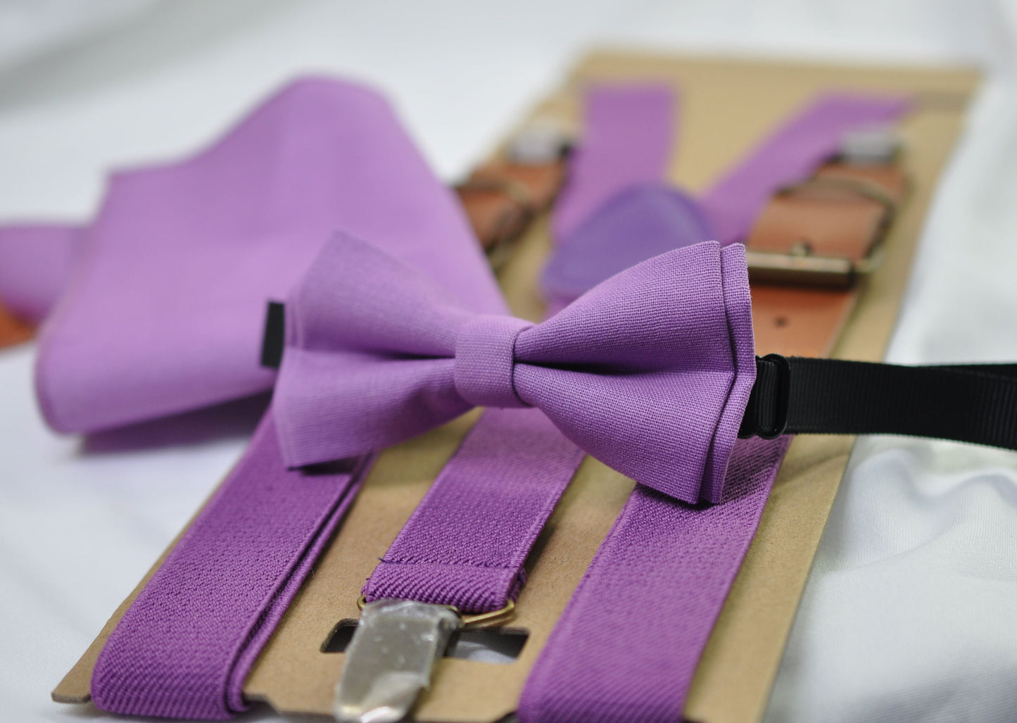 Orchid Purple Cotton Bow tie + Elastic Suspenders Braces + Pocket Square Hanky Handkerchief for Men / Youth / Boys Kids / Baby Infant Baby