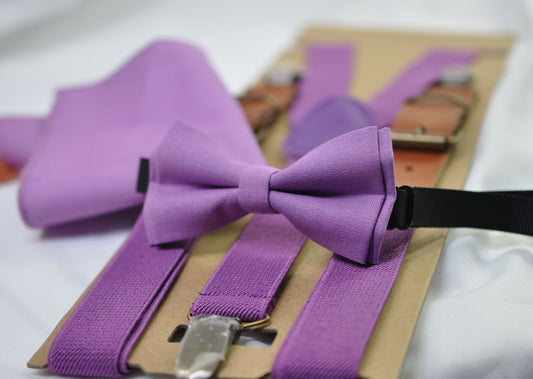 Orchid Purple Cotton Bow tie + Elastic Suspenders Braces + Pocket Square Hanky Handkerchief for Men / Youth / Boys Kids / Baby Infant Baby