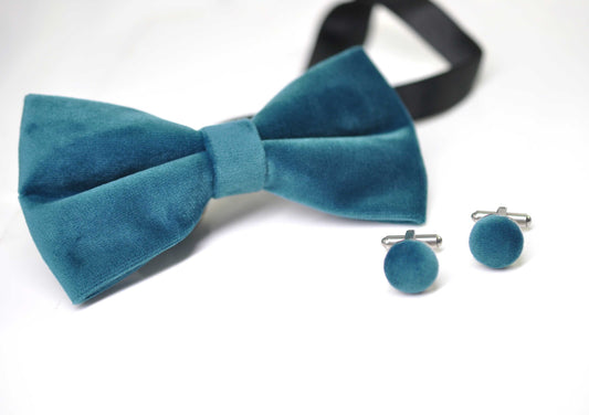 Dark Turquoise Teal Blue Pretied Velvet Bow tie Bowtie + Cufflinks for Men Adult / Youth Teenage / Boy Kids / Toddler Baby Infant