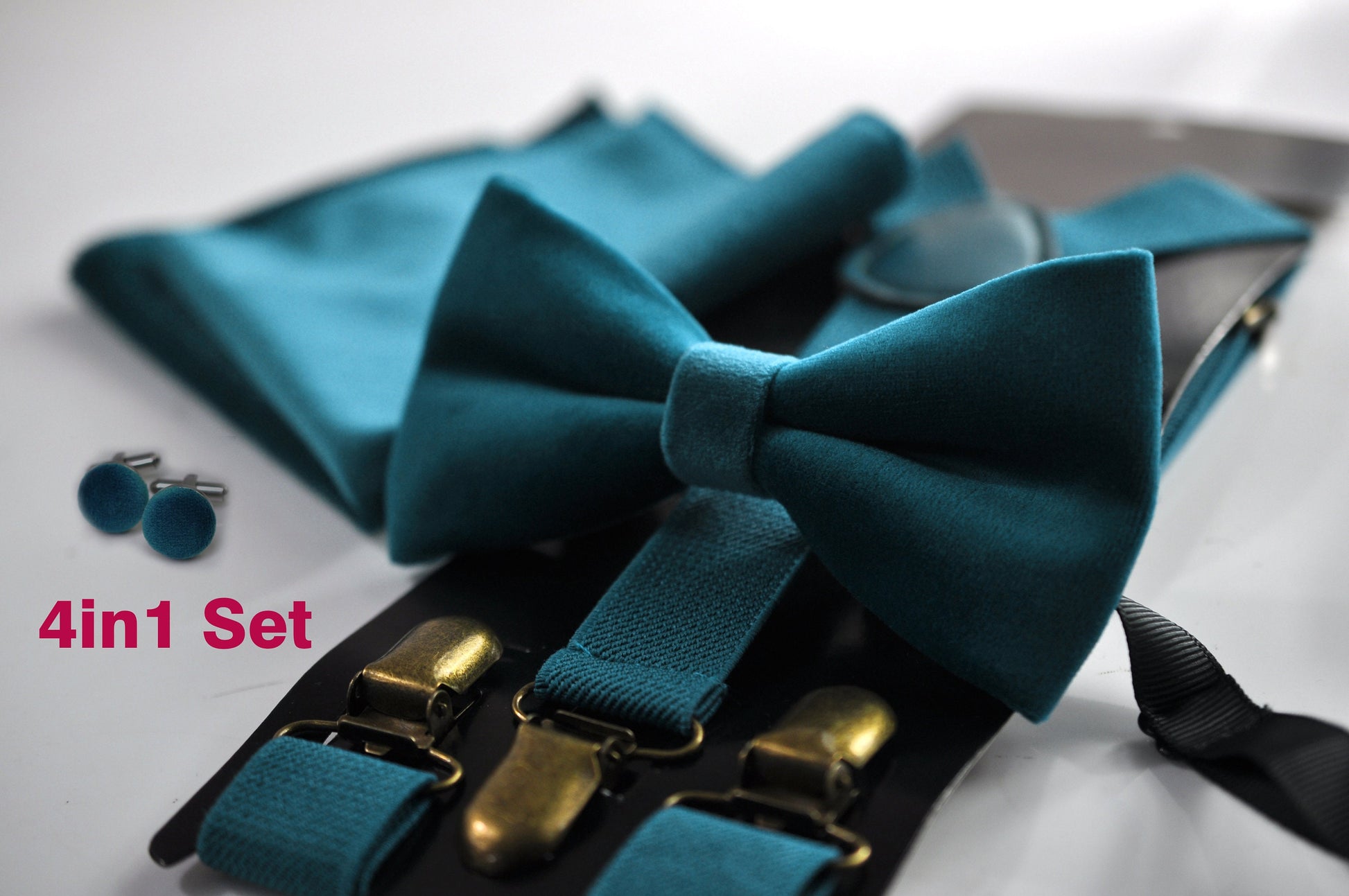 Teal blue Velvet Bow tie + Pocket Square Hanky Handkerchief + Suspenders Braces +Cufflinks Men / Youth / Boys / Baby Infant toodler