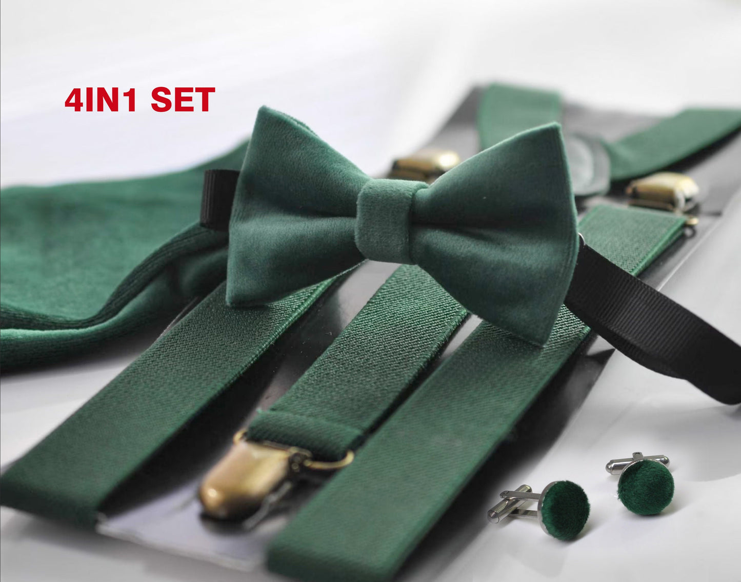Emerald Green Dark Green Velvet Bow tie + Matched Elastic Suspenders Braces for Baby Infant Toddler / Boy Kids / Youth Teenage / Men Adult