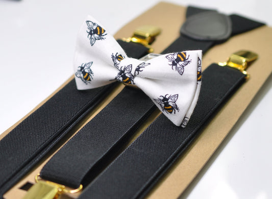 Black Yellow White Bees Bee Print Pretied Bow tie Bowtie+ Black Elastic Suspenders Braces for Men / Youth / Boys Kids / Baby Infant Toddler