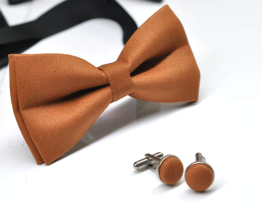 Tan Brown Cotton Bow tie Bowtie + Cufflinks for Men Adult / Youth Teenage / Boy Kids / Toddler Baby Infant