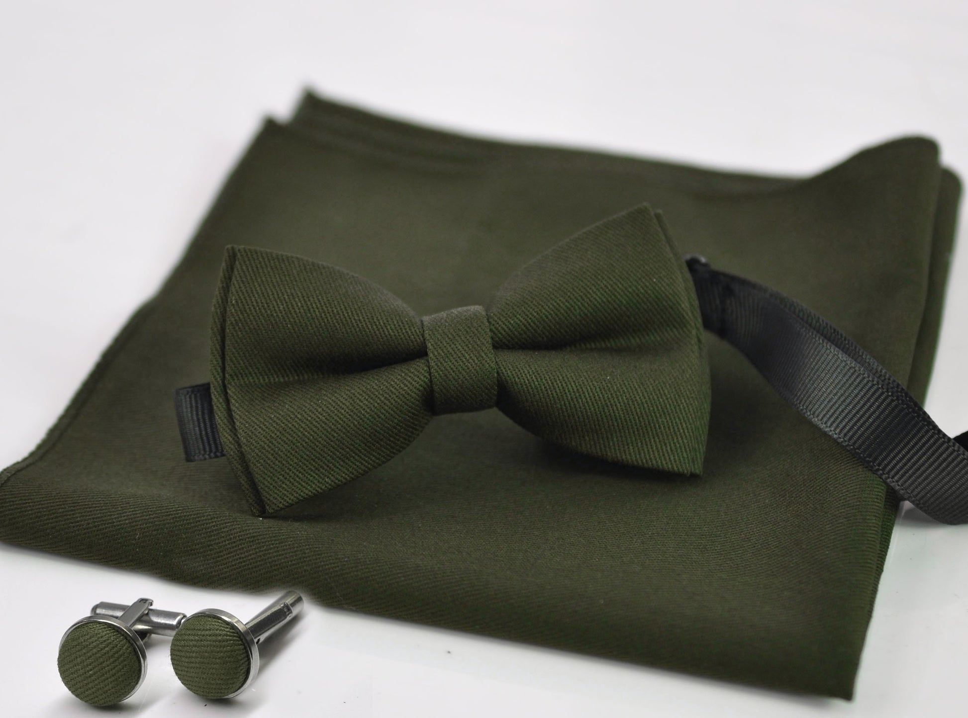 Olive Green Army Green Cotton Bow tie Bowtie + Cufflinks + Pocket Squares for Men Adult / Youth Teenage / Boy Kids / Toddler Baby Infant