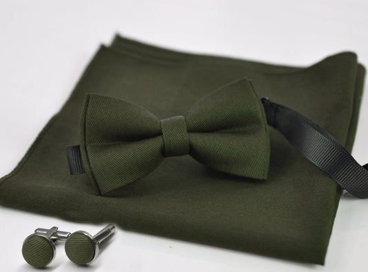 Olive Green Army Green Cotton Bow tie Bowtie + Cufflinks + Pocket Squares for Men Adult / Youth Teenage / Boy Kids / Toddler Baby Infant
