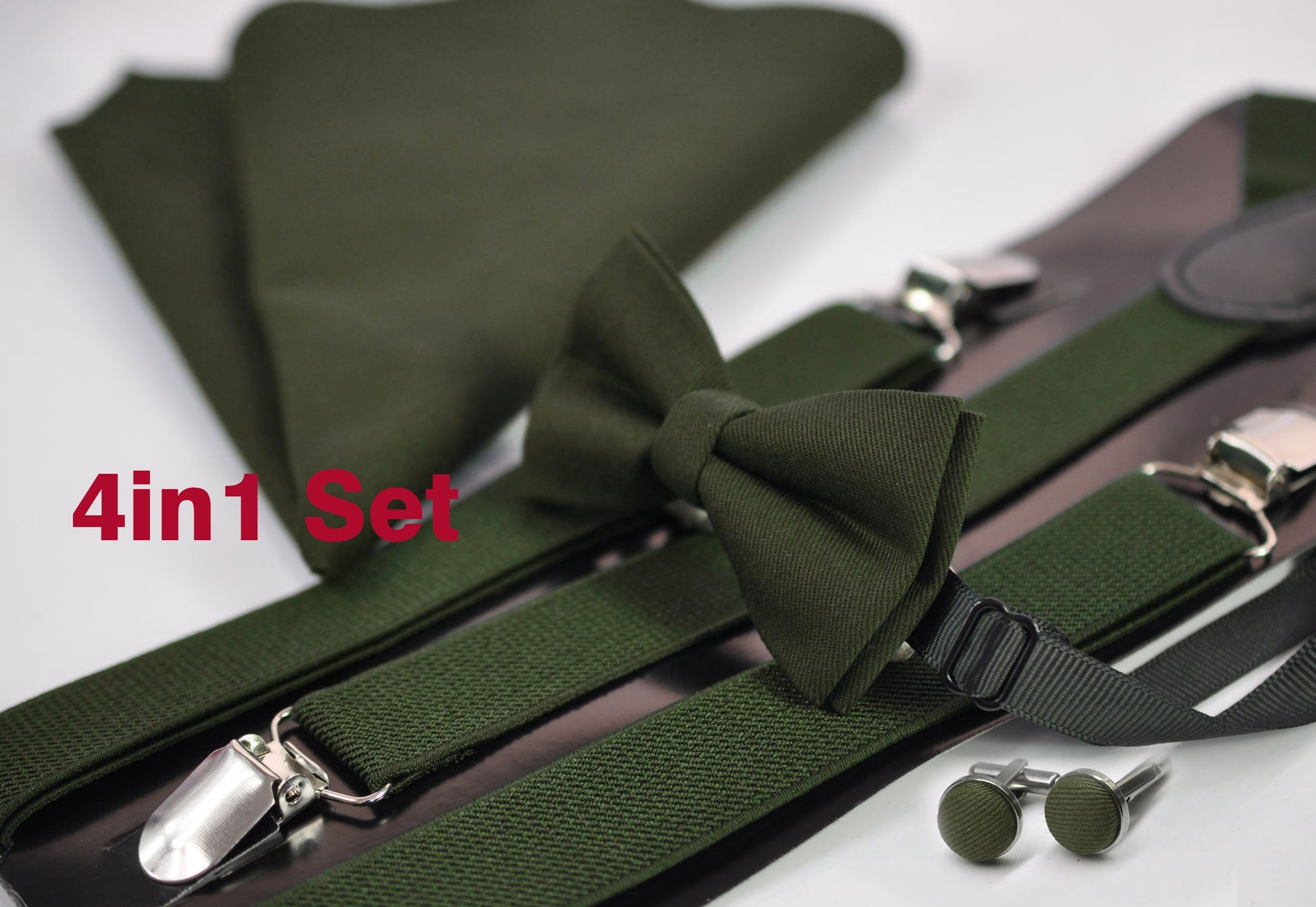 Olive Army Green Bow tie + Elastic Suspenders Braces + Pocket Square Hanky Handkerchief+ Cufflinks for Men / Youth / Boys Kids / Baby Infant