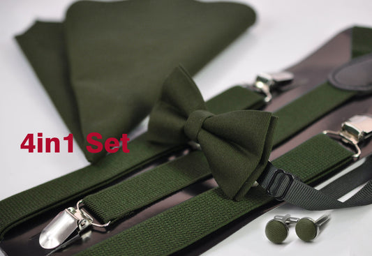 Olive Army Green Bow tie + Elastic Suspenders Braces + Pocket Square Hanky Handkerchief+ Cufflinks for Men / Youth / Boys Kids / Baby Infant