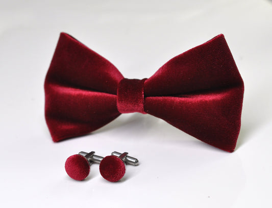 Burgundy Wine Red Dark Red Pretied Velvet Bow tie Bowtie + Cufflinks for Men Adult / Youth Teenage / Boy Kids / Toddler Baby Infant