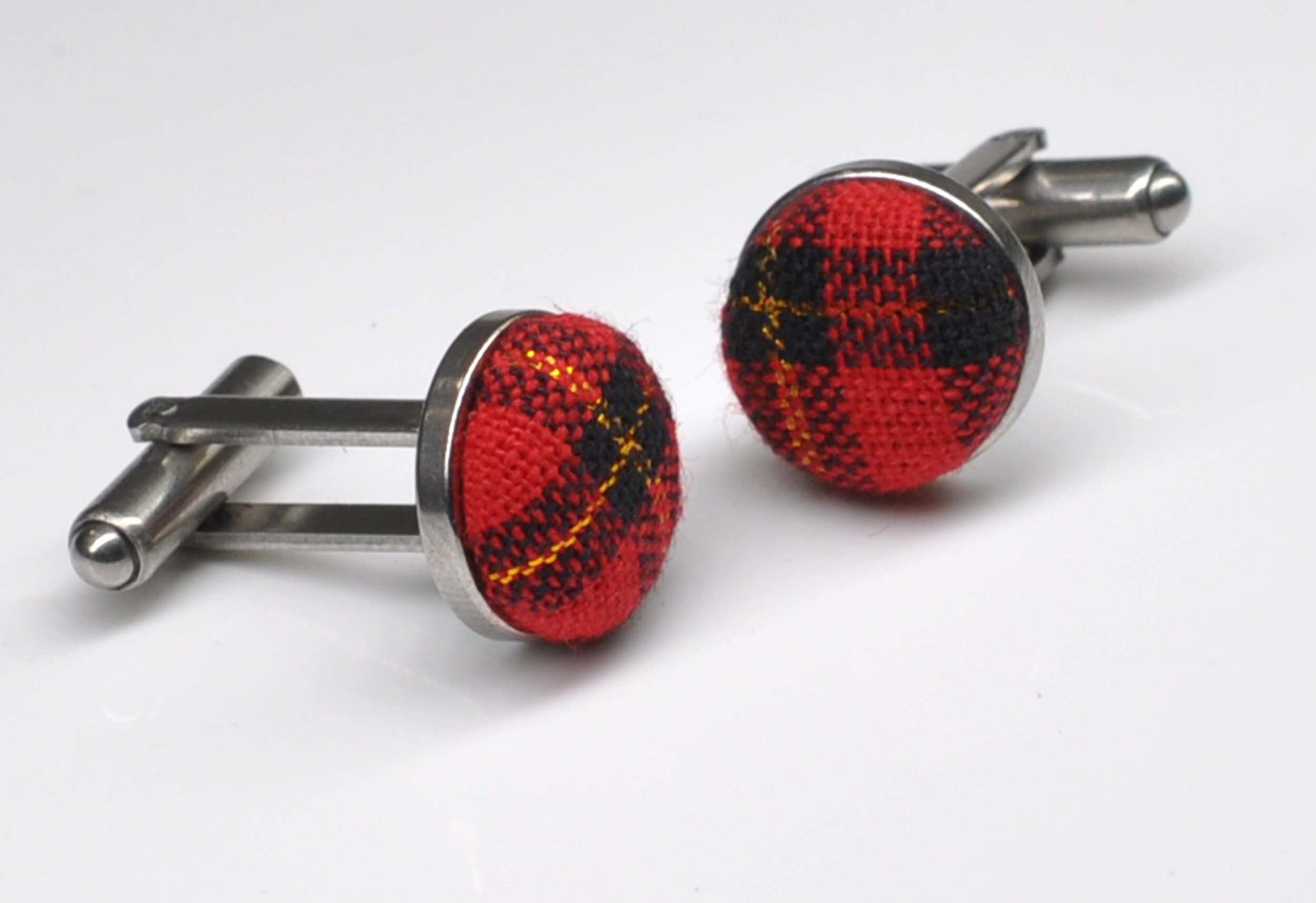 Red Green Gold Tartan Christmas Xmas Cotton Fabric Silver Cufflinks Cuff Links