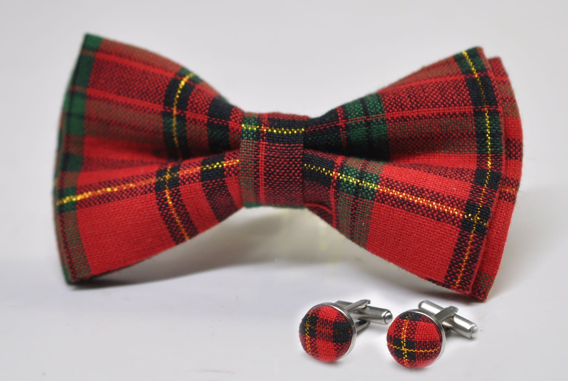 Red Green Gold Tartan Christmas Xmas Bow tie + Emerald Green Suspenders Cuff links Cufflinks for Men /Youth/ Boys / Baby Infant Toddler
