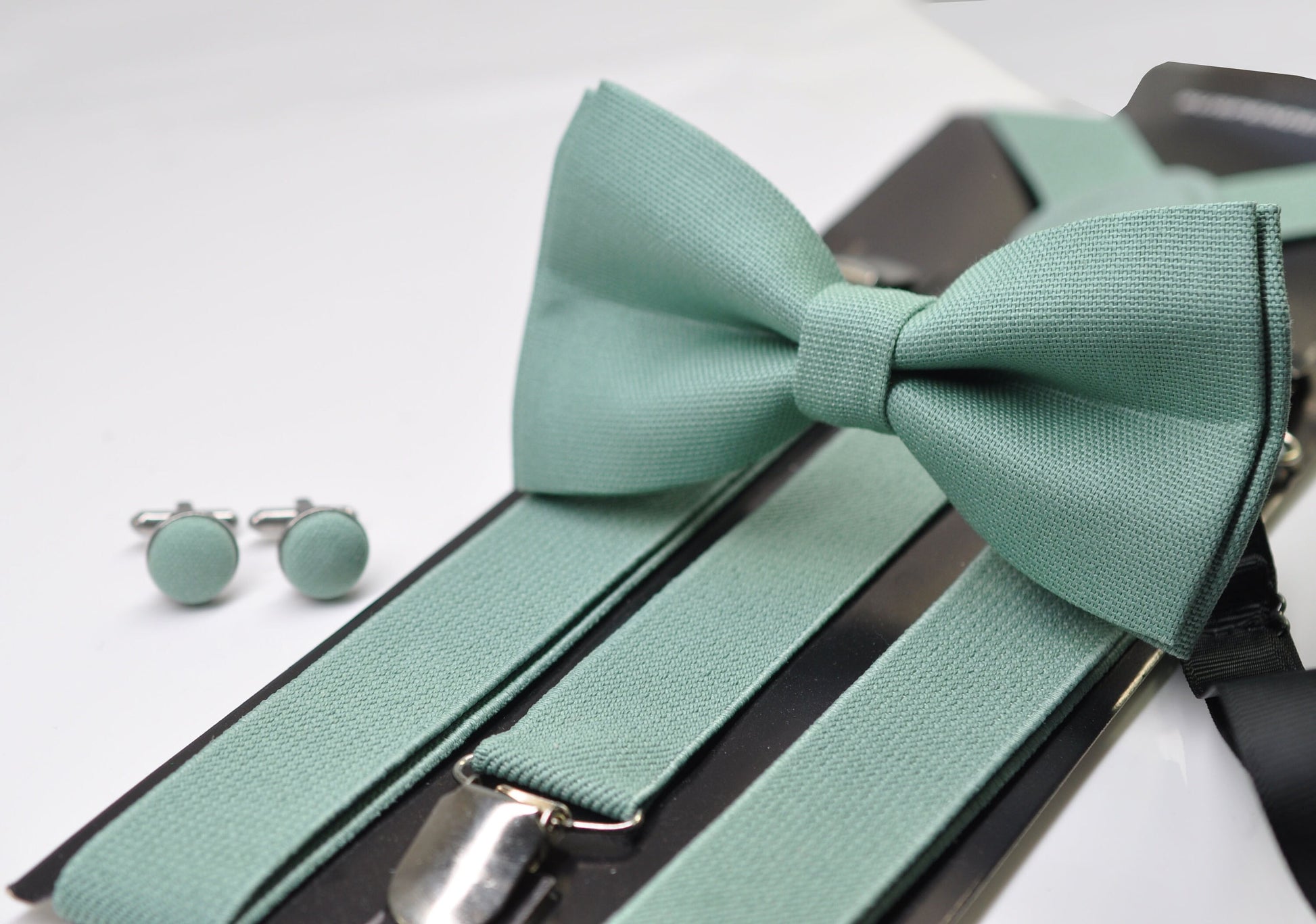 Sage Green Bow tie Bowtie + Elastic Suspenders Braces + Cufflinks Cuff link for Men / Youth Teenage/ Boys Kids / Baby Infant Toddler