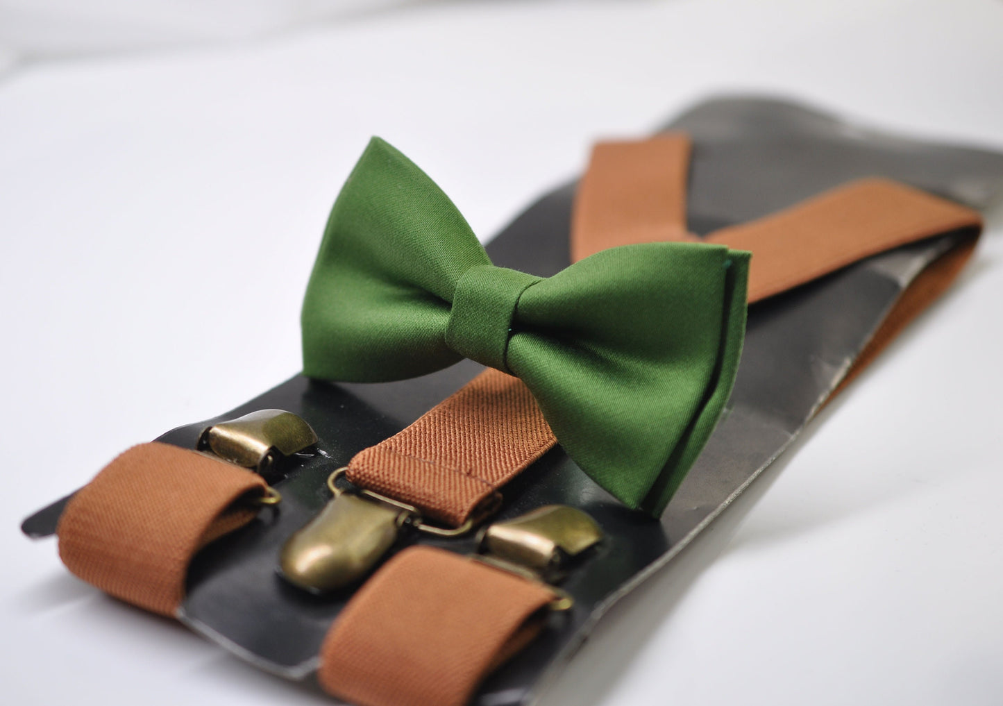 Cactus Green Bright Olive Green Bow tie Bowtie + Tan Elastic Suspenders Braces for Men / Youth Teenage/ Boys Kids / Baby Infant Toddler