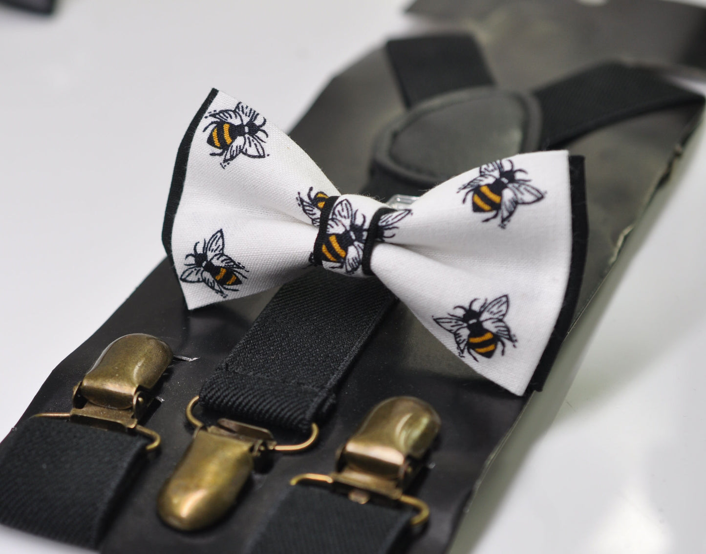 Black Yellow White Bees Bee Print Pretied Bow tie Bowtie+ Black Elastic Suspenders Braces for Men / Youth / Boys Kids / Baby Infant Toddler