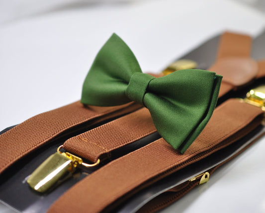 Cactus Green Bright Olive Green Bow tie Bowtie + Tan Elastic Suspenders Braces for Men / Youth Teenage/ Boys Kids / Baby Infant Toddler