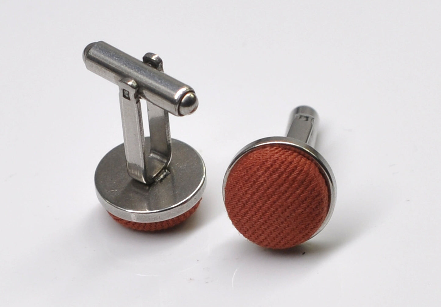 Rusty Rust Red Brown Cotton Fabric Silver Cufflinks
