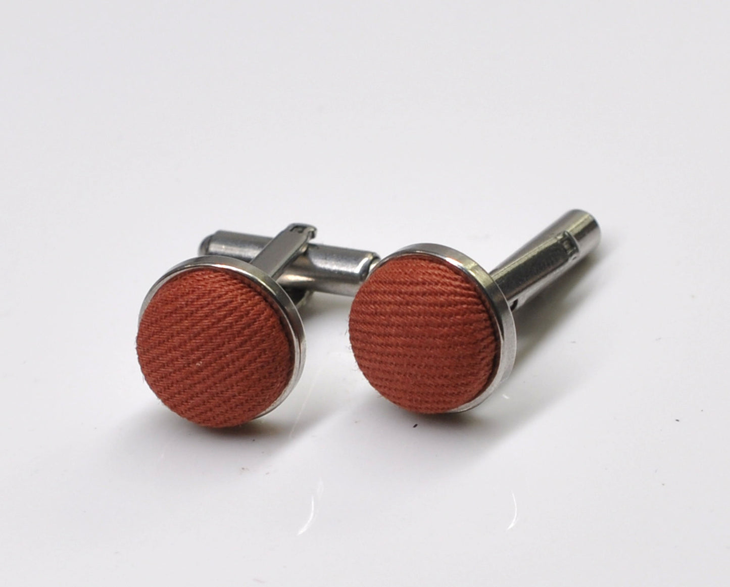 Rusty Rust Red Brown Cotton Fabric Silver Cufflinks
