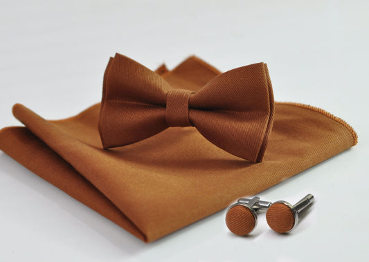 Tan Brown Pretied Cotton Bow tie Bowtie + Cufflinks + Pocket Squares for Men Adult / Youth Teenage / Boy Kids / Toddler Baby Infant