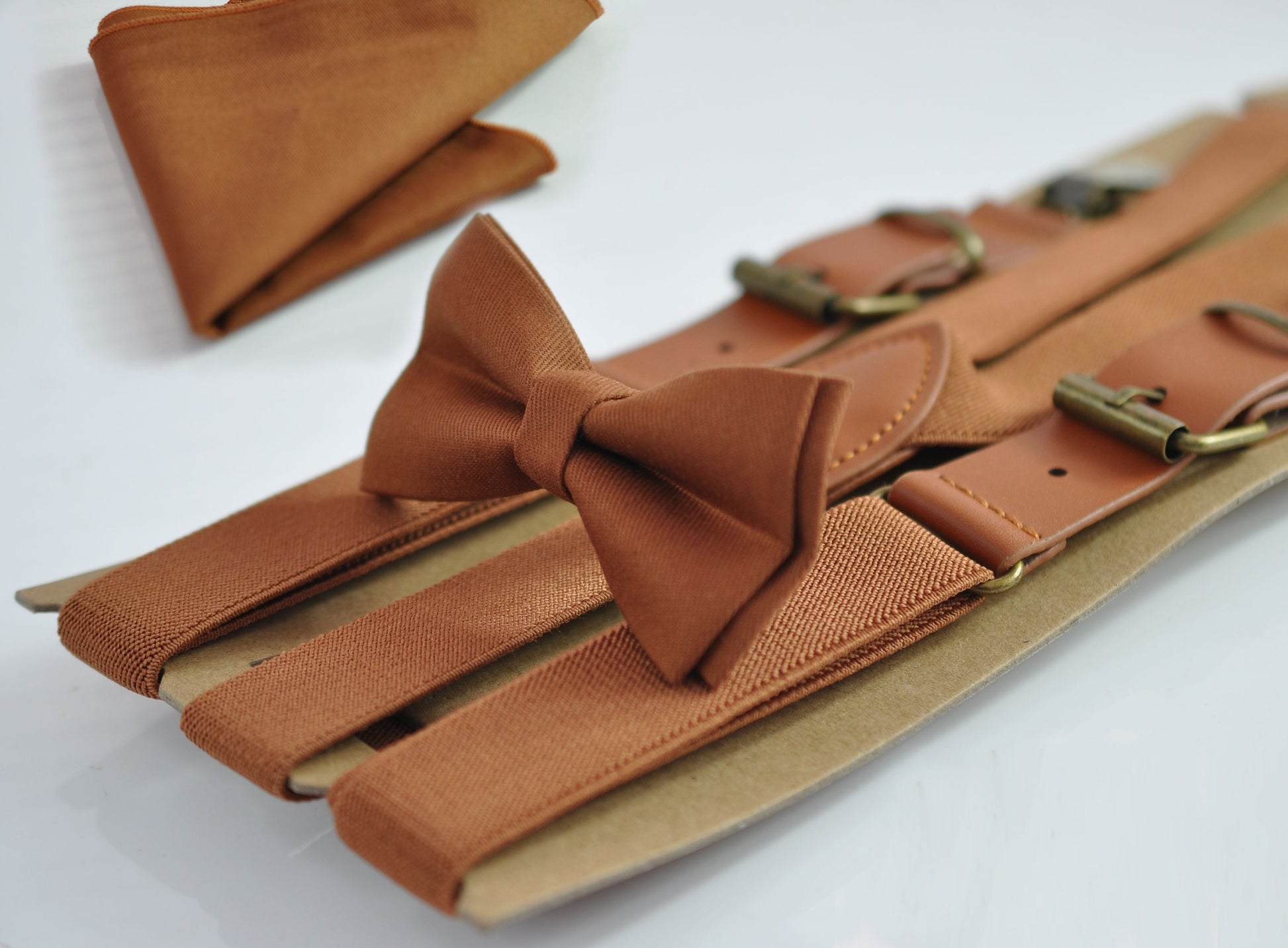 Tan Brown Cotton Bow tie + Elastic Suspenders Braces + Pocket Square Hanky Handkerchief for Men / Youth / Boys Kids / Baby Infant
