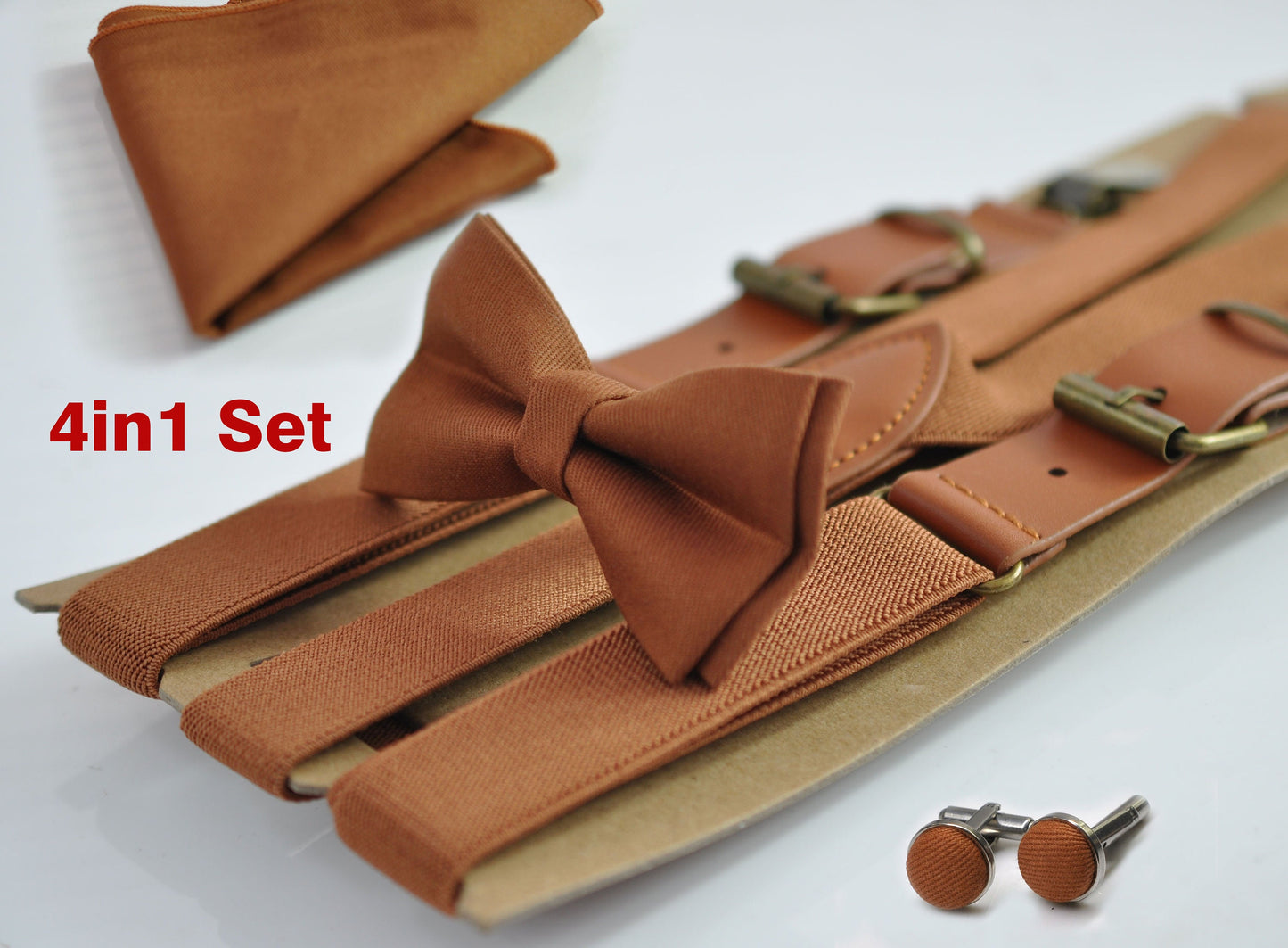 Tan Brown Cotton Bow tie + Elastic Suspenders Braces + Pocket Square Hanky Handkerchief+ Cufflinks for Men / Youth / Boys Kids / Baby Infant