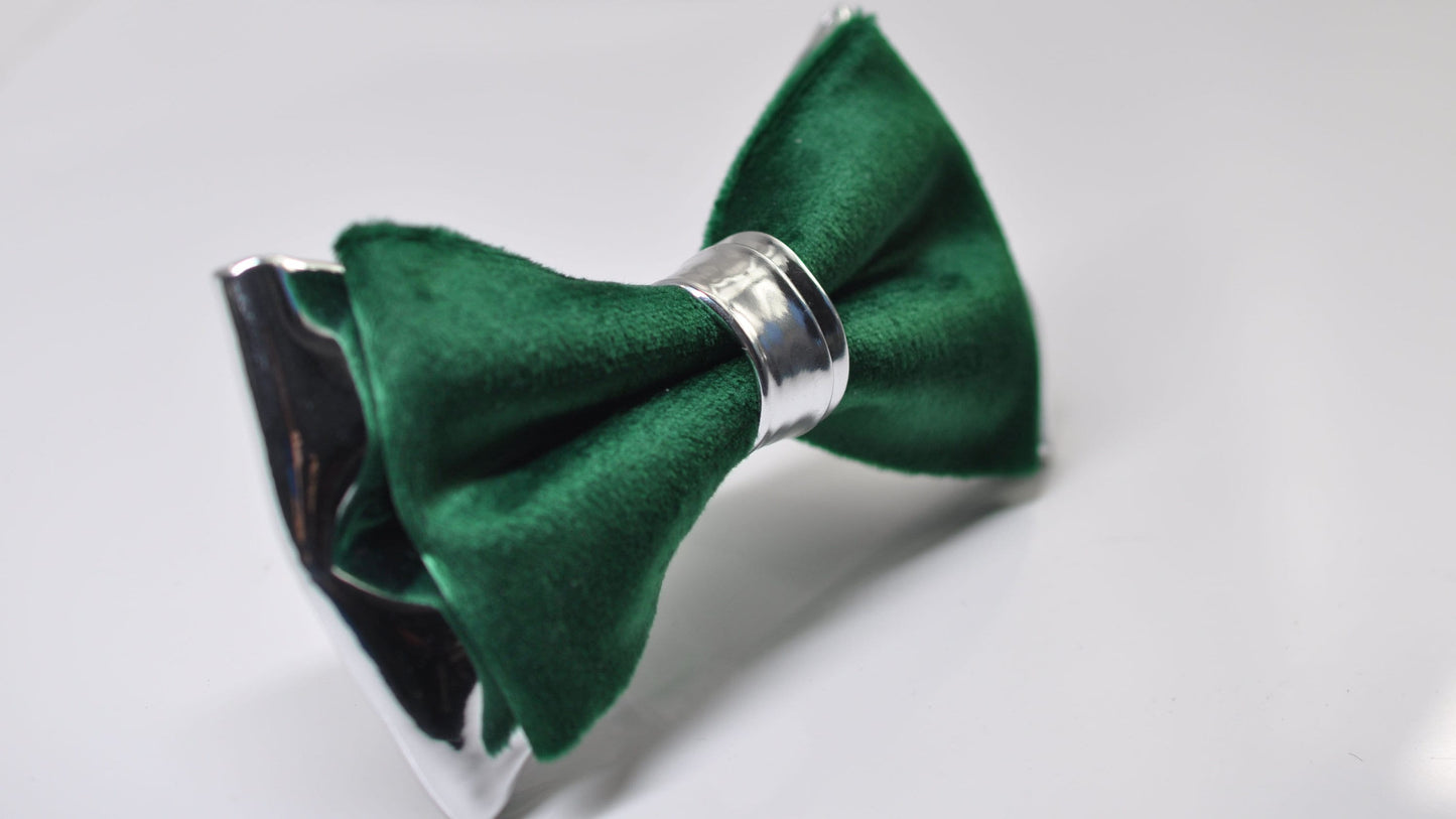 Emerald Green Velvet Silver Leather Bow tie + pocket Square Hanky Handkerchief Wedding Men / Youth / Boys Kids / Baby Infant Toddler