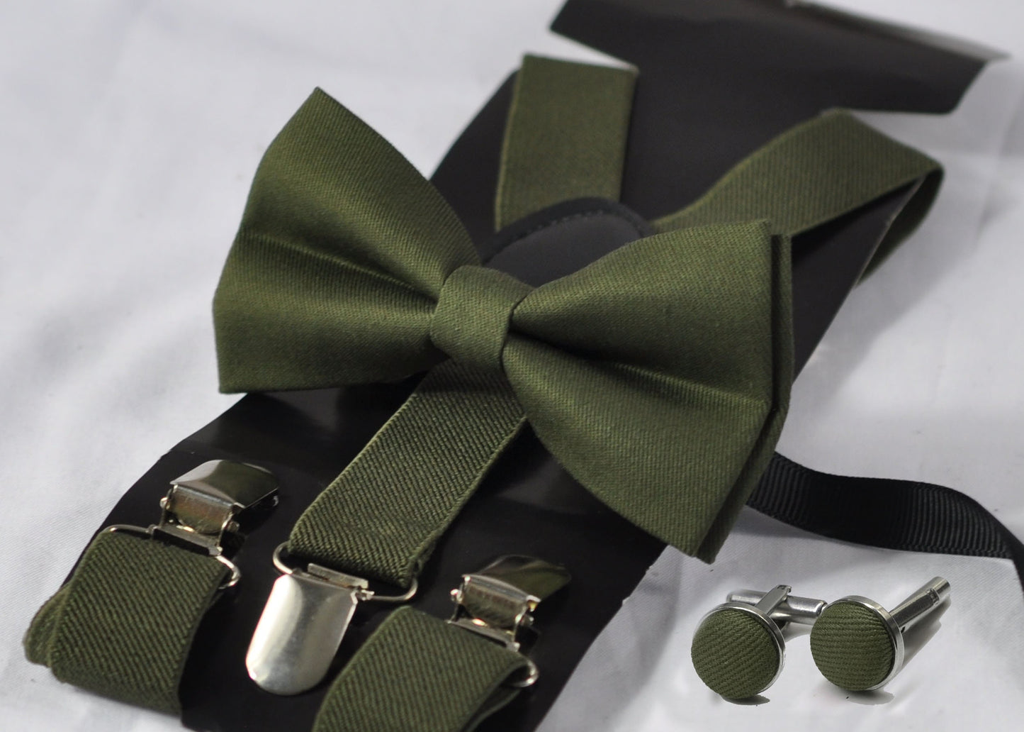 Army Green Olive Green Bow tie Bowtie + Suspenders Braces + Cufflinks Cuff link for Men / Youth Teenage/ Boys Kids / Baby Infant Toddler