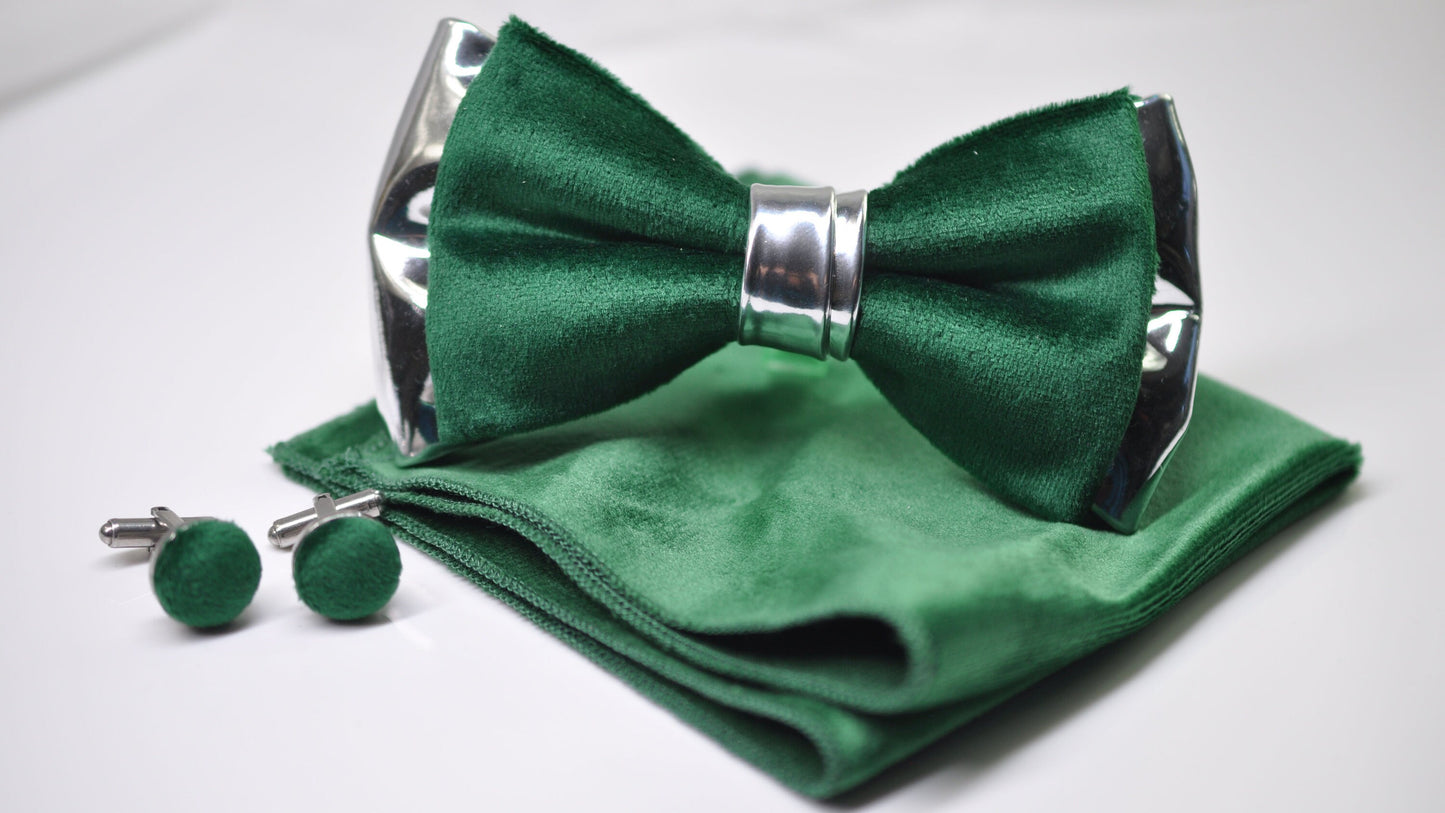 Emerald Green Velvet Silver Leather Bow tie + pocket Square Hanky Handkerchief + Cufflinks Men / Youth / Boys Kids / Baby Infant Toddler