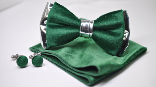 Emerald Green Velvet Silver Leather Bow tie + pocket Square Hanky Handkerchief + Cufflinks Men / Youth / Boys Kids / Baby Infant Toddler