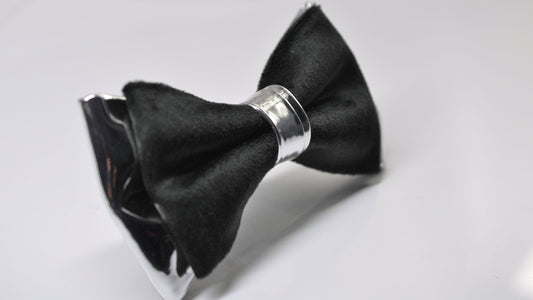 Black Velvet + Silver Grey Gray Faux Leather 2 Layers Bow tie Bowtie for Men Adult / Youth Teenage / Boy Kids / Baby Infant Toddler