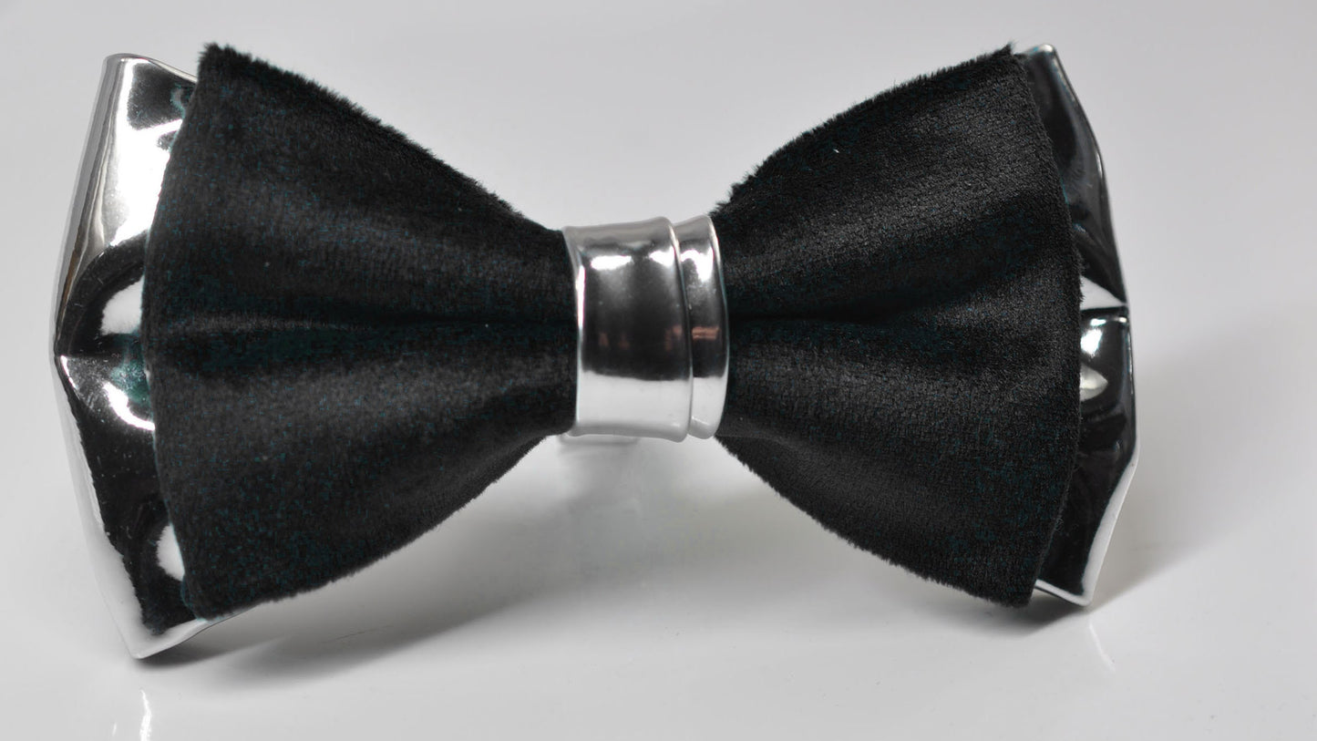 Black Velvet Silver Faux Leather Bow tie + Black Elastic Suspenders Braces Men / Youth / Boys Kids / Baby Infant Toddler