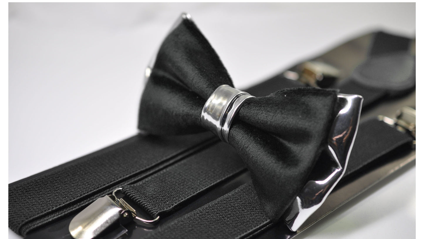 Black Velvet Silver Faux Leather Bow tie + Black Elastic Suspenders Braces Men / Youth / Boys Kids / Baby Infant Toddler