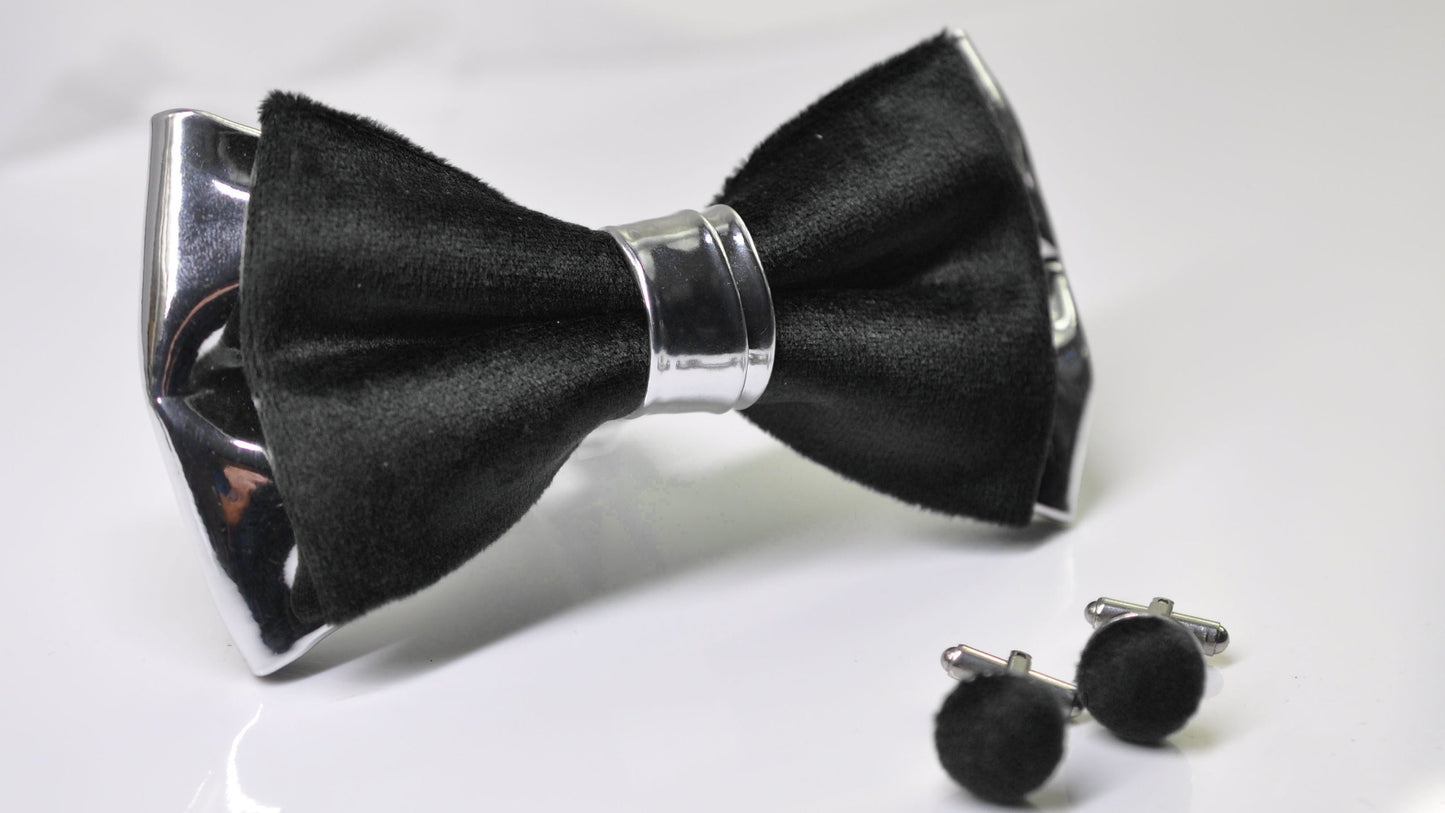 Black Velvet Silver Grey Gray Leather Bow tie Bowtie + Cufflinks Cuff Links for Men Adult / Youth / Boy Kids / Baby Infant Toddler