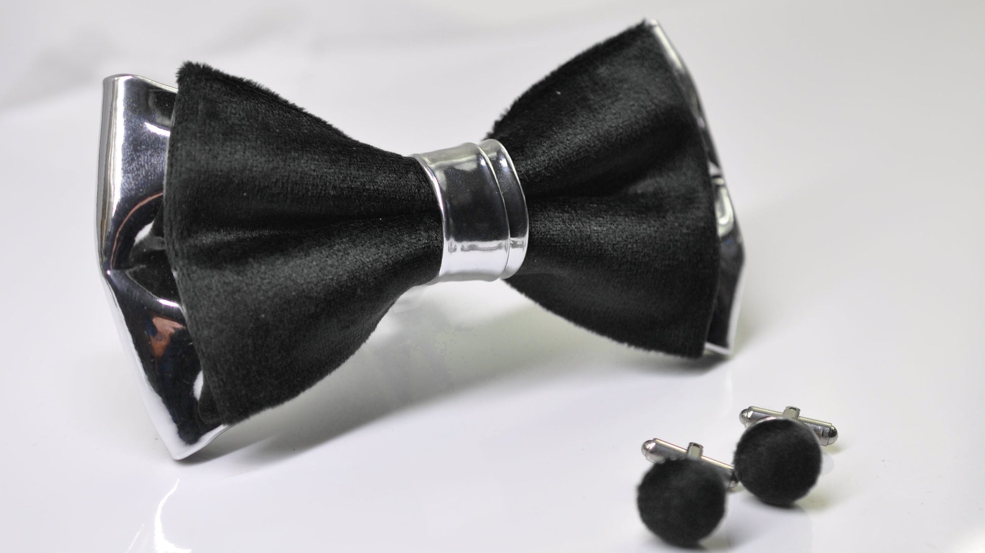 Black Velvet Silver Grey Gray Leather Bow tie Bowtie + Cufflinks Cuff Links for Men Adult / Youth / Boy Kids / Baby Infant Toddler
