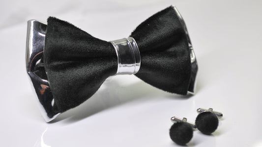 Black Velvet Silver Grey Gray Leather Bow tie Bowtie + Cufflinks Cuff Links for Men Adult / Youth / Boy Kids / Baby Infant Toddler