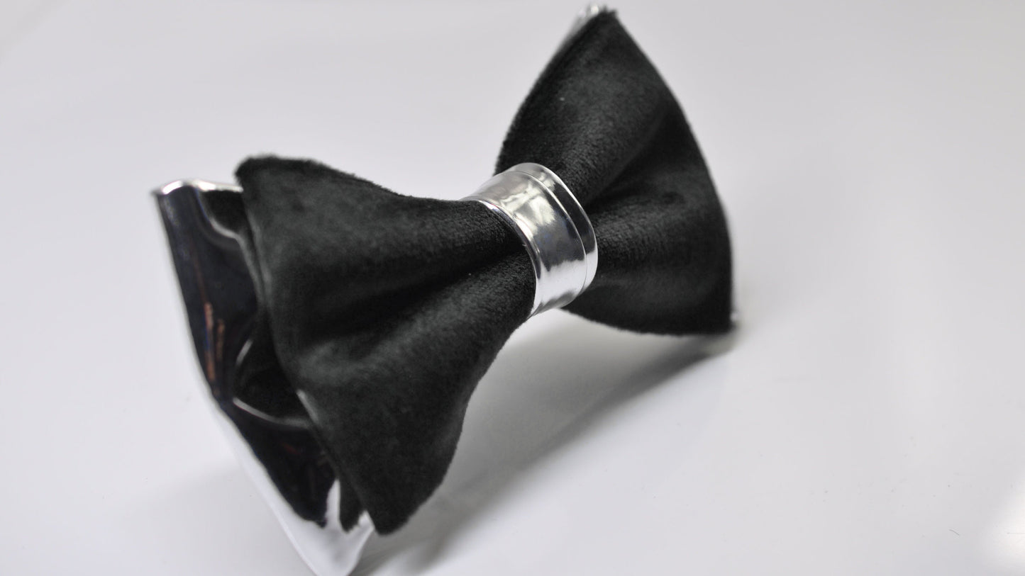 Black Velvet Silver Grey Gray Leather Bow tie Bowtie + Cufflinks Cuff Links for Men Adult / Youth / Boy Kids / Baby Infant Toddler