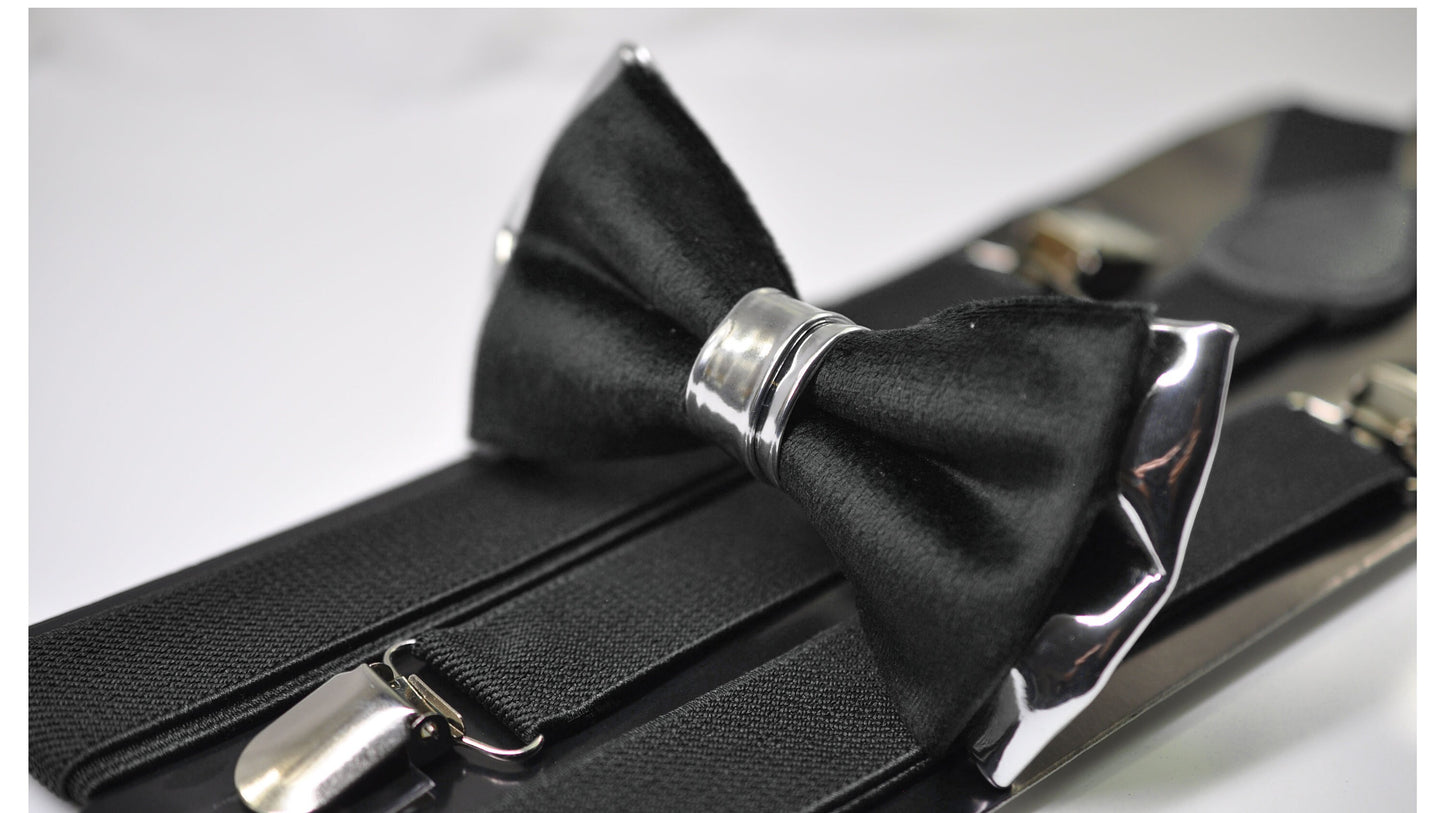 Black Velvet Silver Leather Bow tie + Elastic Suspenders Braces + Cufflinks Cuff Links Men / Youth/ Boys Kids / Baby Infant Toddler
